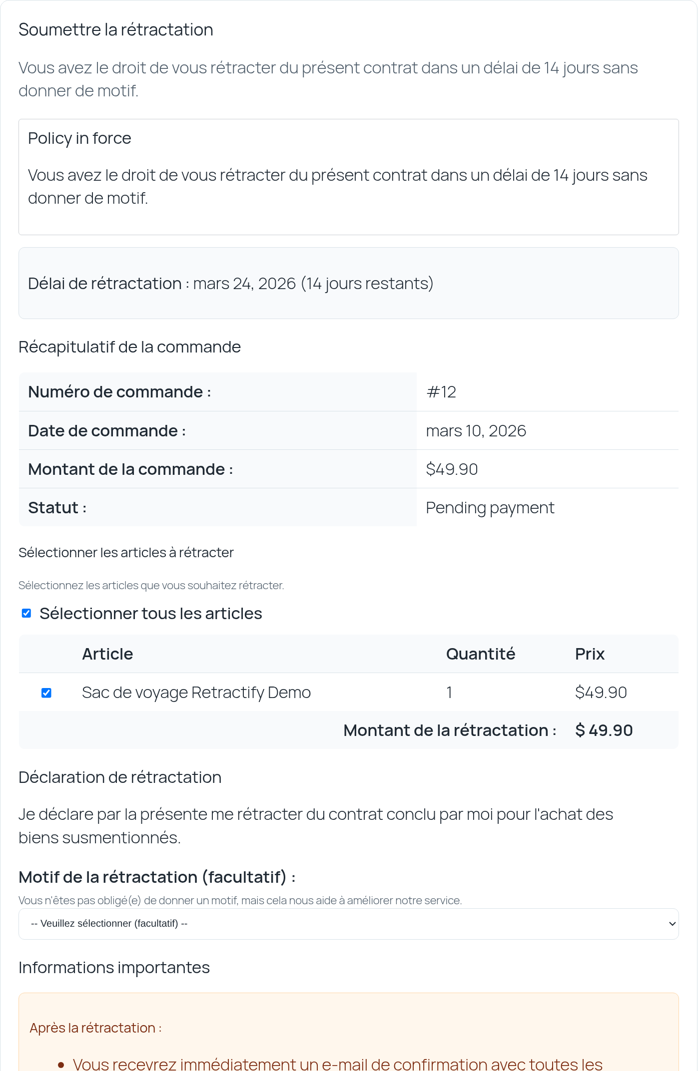 Retractify order summary and withdrawal form